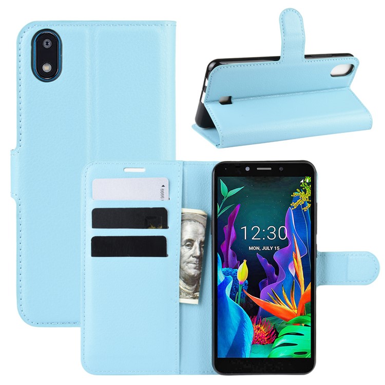 Litchi Skin Wallet Leather Stand Phone Shell Stylish Cover for LG K20 (2019) - Blue-1