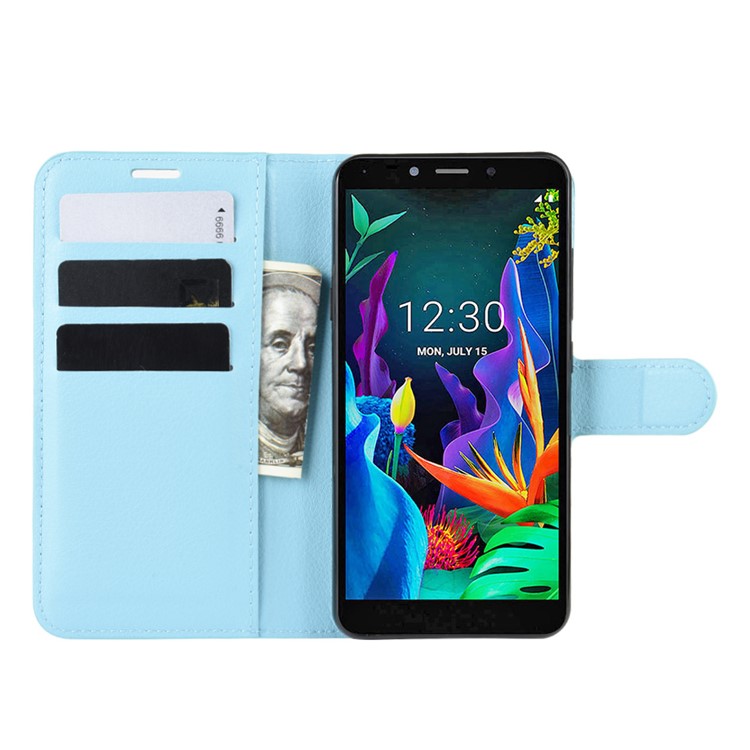Litchi Skin Wallet Leather Stand Phone Shell Stylish Cover for LG K20 (2019) - Blue-5