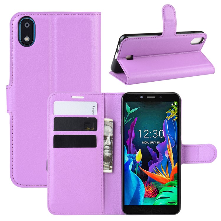 Litchi Skin Wallet Leather Stand Phone Shell Stylish Cover for LG K20 (2019) - Purple-1