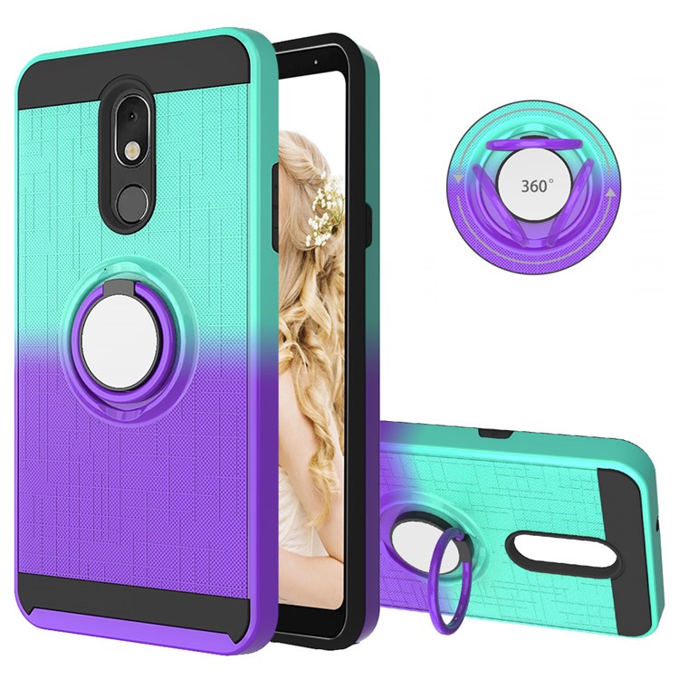 Finger Ring Kickstand Gradient Color Detachable TPU + PC Hybrid Shell for LG Stylo 5 - Cyan/Purple-1