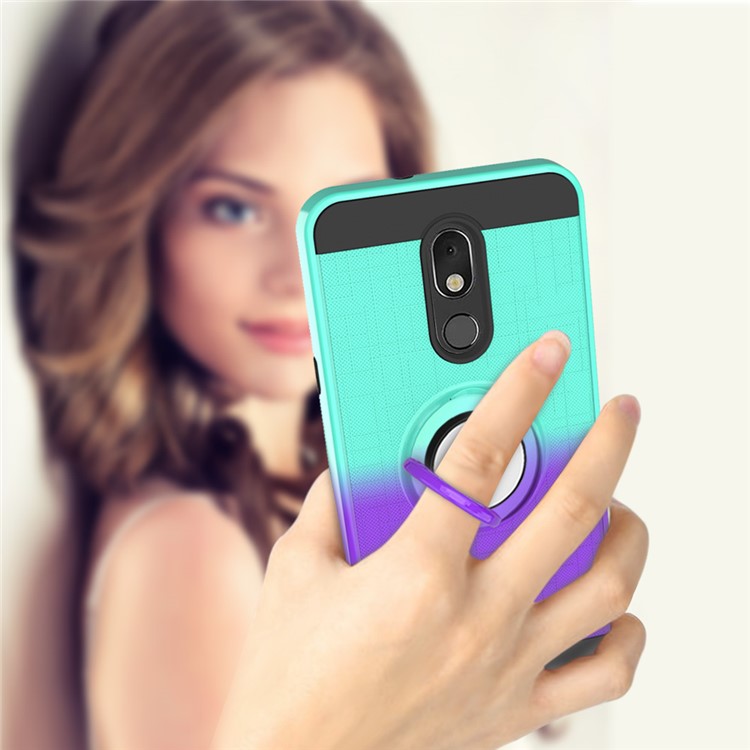 Finger Ring Kickstand Gradient Color Detachable TPU + PC Hybrid Shell for LG Stylo 5 - Cyan/Purple-3