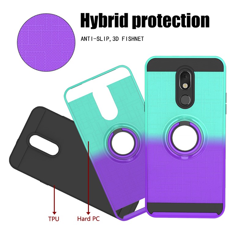 Finger Ring Kickstand Gradient Color Detachable TPU + PC Hybrid Shell for LG Stylo 5 - Cyan/Purple-5