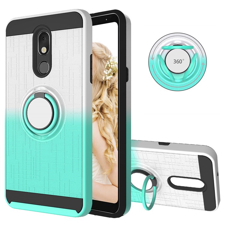 Finger Ring Kickstand Gradient Color Detachable TPU + PC Hybrid Shell for LG Stylo 5 - White/Cyan-1