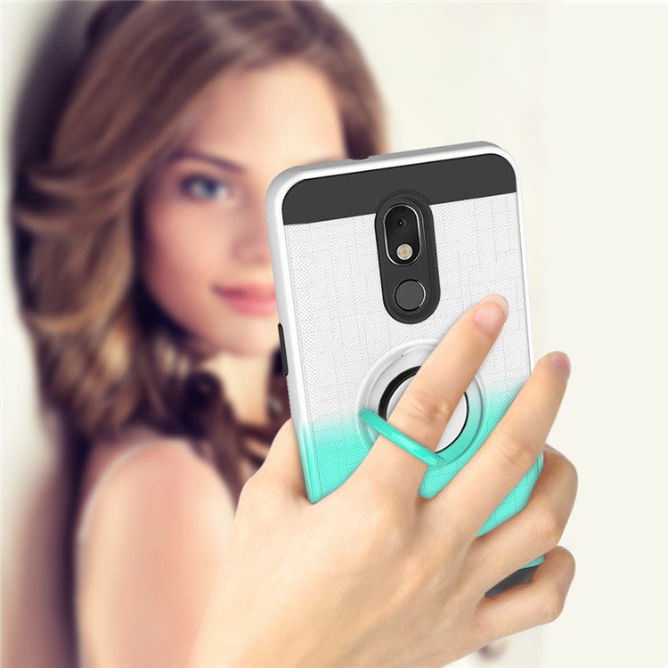 Finger Ring Kickstand Gradient Color Detachable TPU + PC Hybrid Shell for LG Stylo 5 - White/Cyan-3