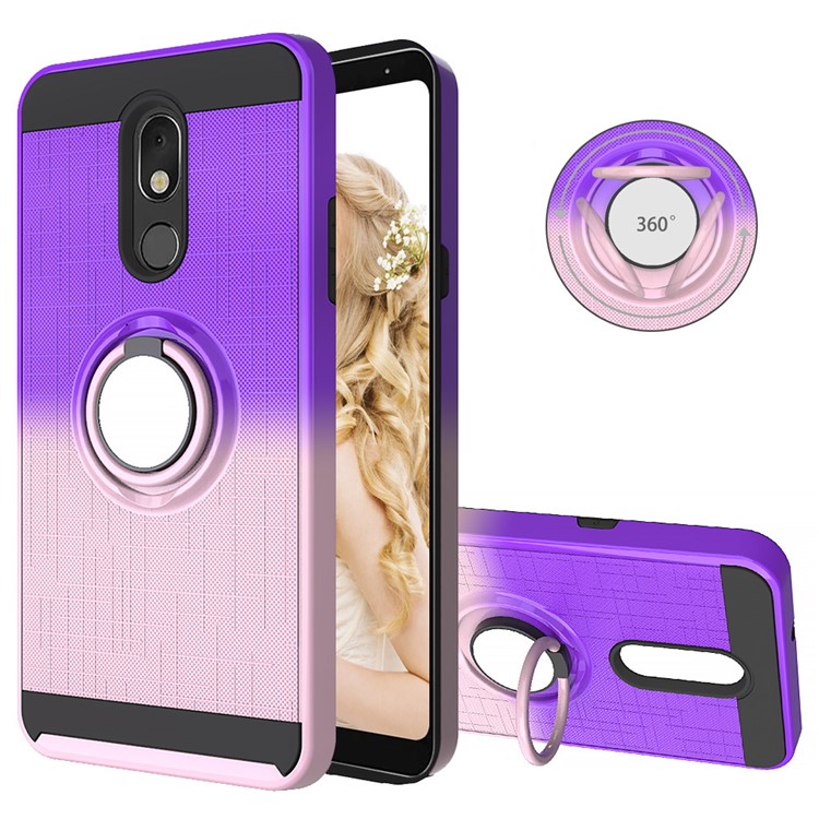 Finger Ring Kickstand Gradient Color Detachable TPU + PC Hybrid Shell for LG Stylo 5 - Purple/Pink-1