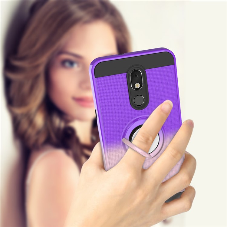 Finger Ring Kickstand Gradient Color Detachable TPU + PC Hybrid Shell for LG Stylo 5 - Purple/Pink-3