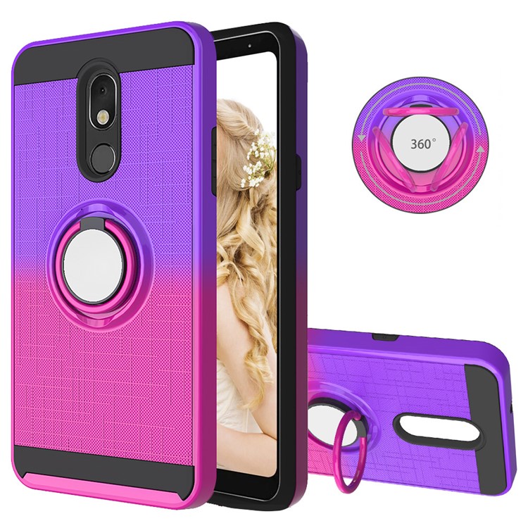 Finger Ring Kickstand Gradient Color Detachable TPU + PC Hybrid Shell for LG Stylo 5 - Purple/Rose-1