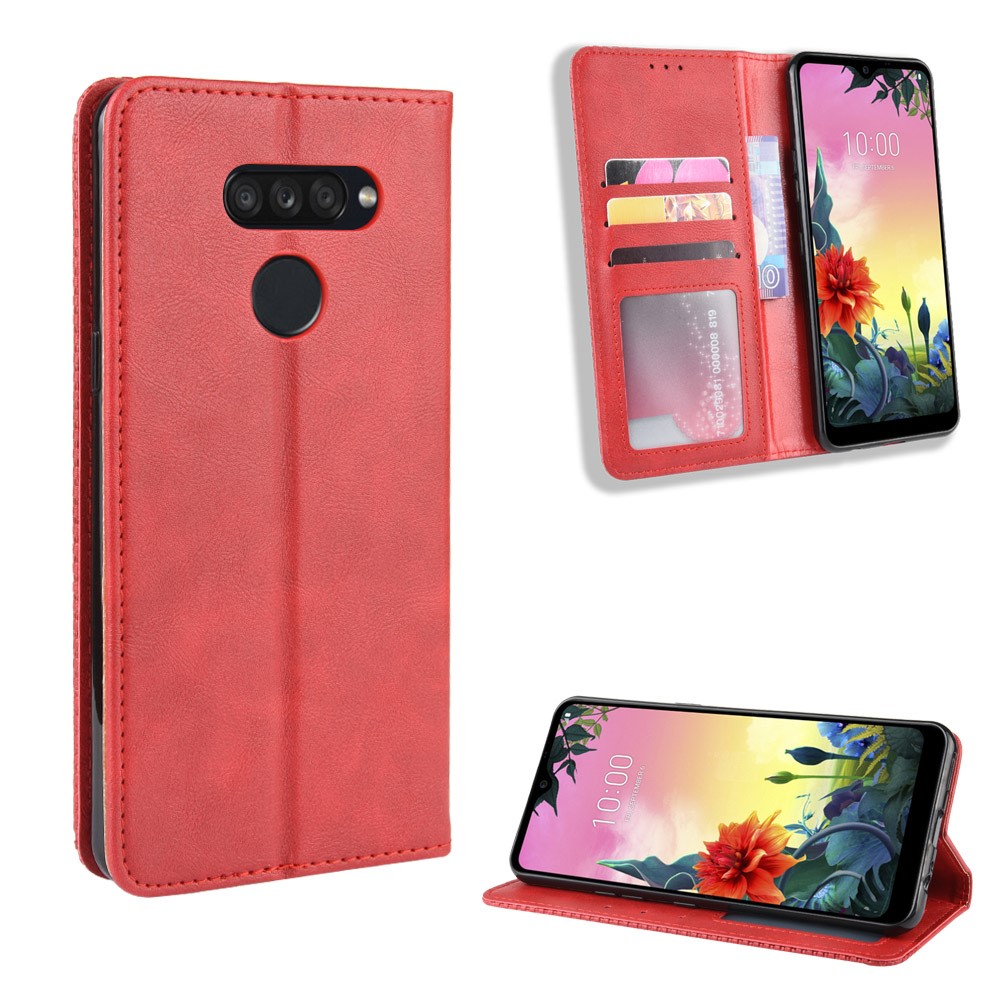 Retro Style PU Leather Stand Wallet Protective Cell Phone Case for LG K50S - Red-1