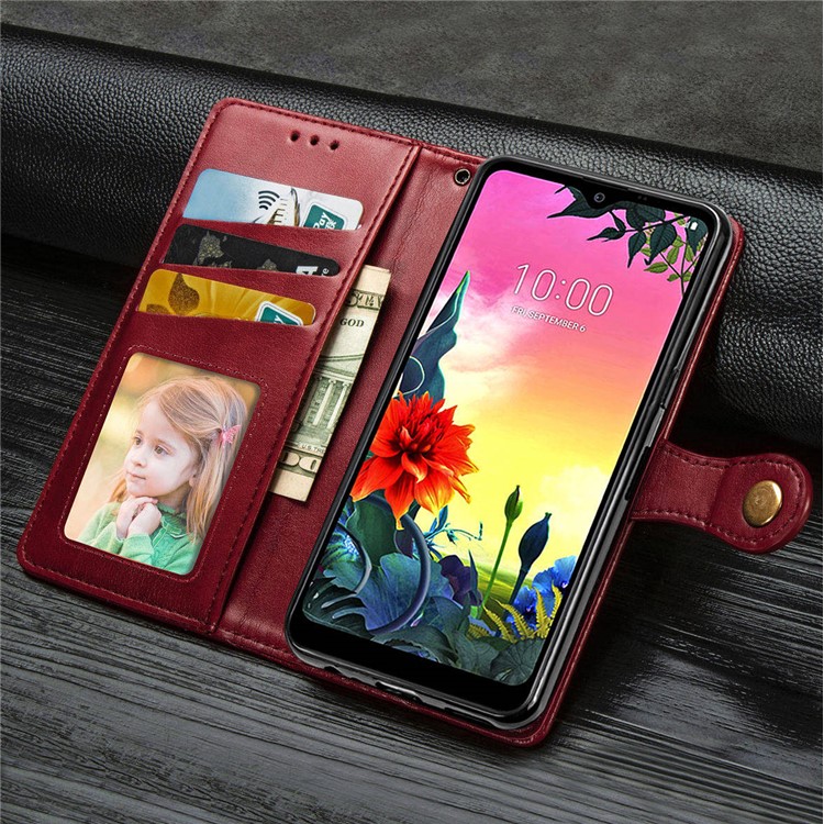 Solid Color Magnetic Clasp Wallet Stand Leather Cell Phone Shell for LG K50S - Red-13