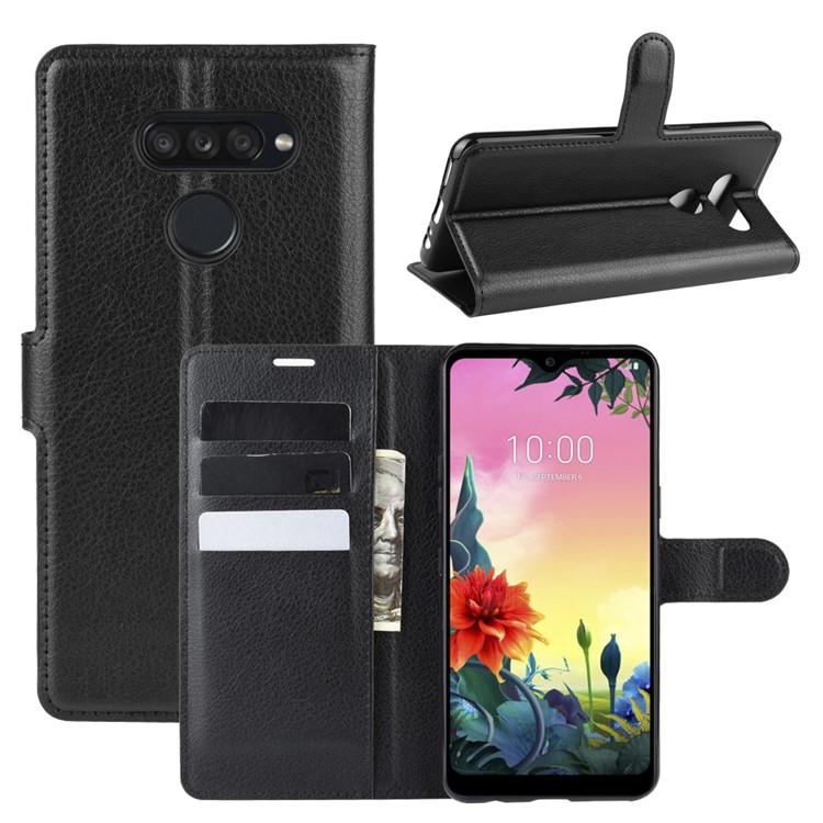 Litchi Skin Stand Leather Wallet Case Cell Phone Shell for LG K50S - Black-1