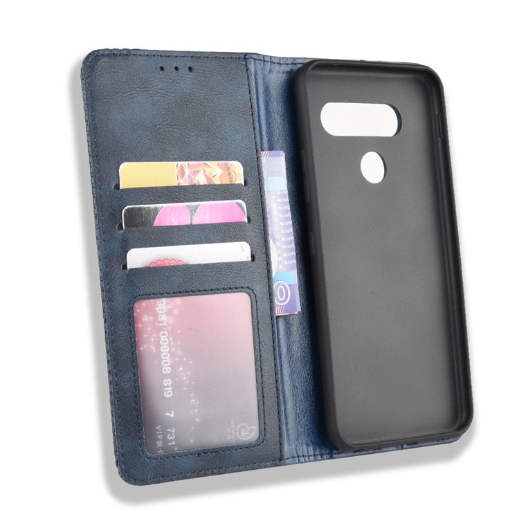 Vintage Style Leather Wallet Phone Case for LG Q70 - Blue-3