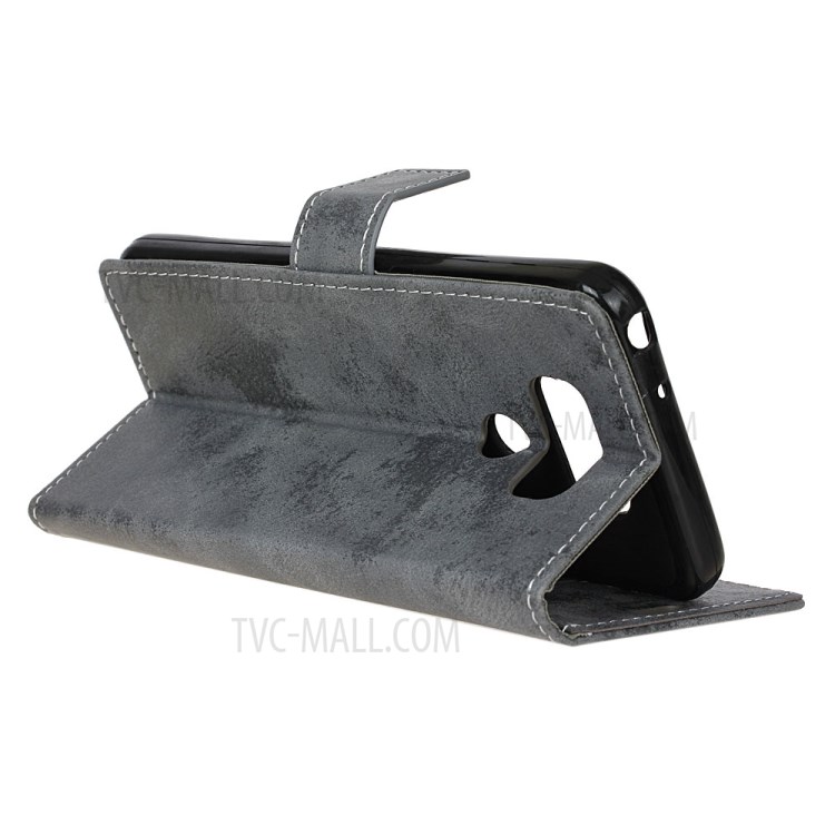 Vintage Style Leather Wallet Stand Case for LG Q70 - Grey-11