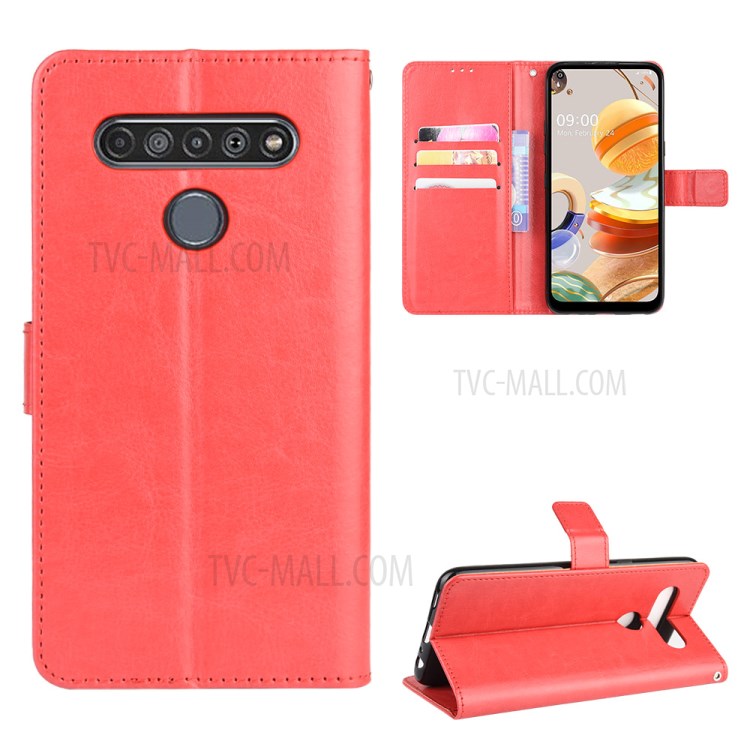 Crazy Horse Wallet Stand Leather Case with Strap for LG K61 - Red-1
