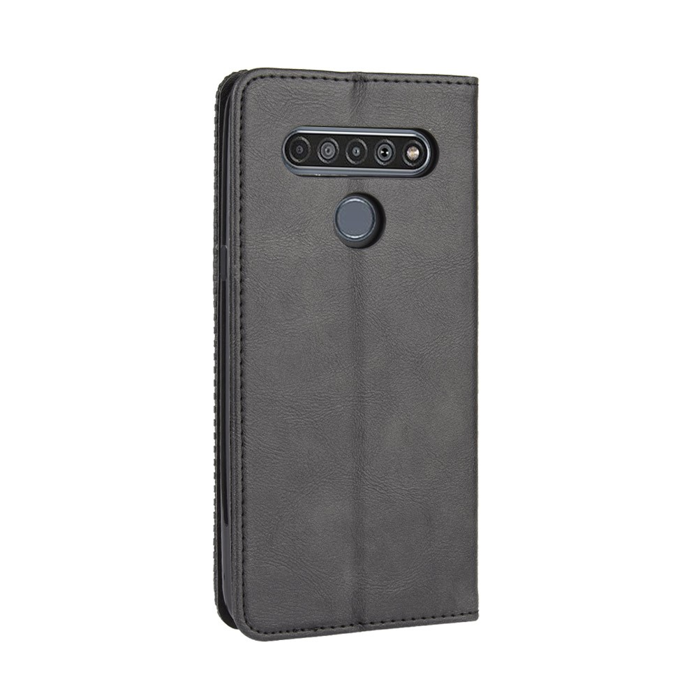 Stand de Billetera Retro de Cuero Retro Absorbido Automáticamente Para LG K61 - Negro