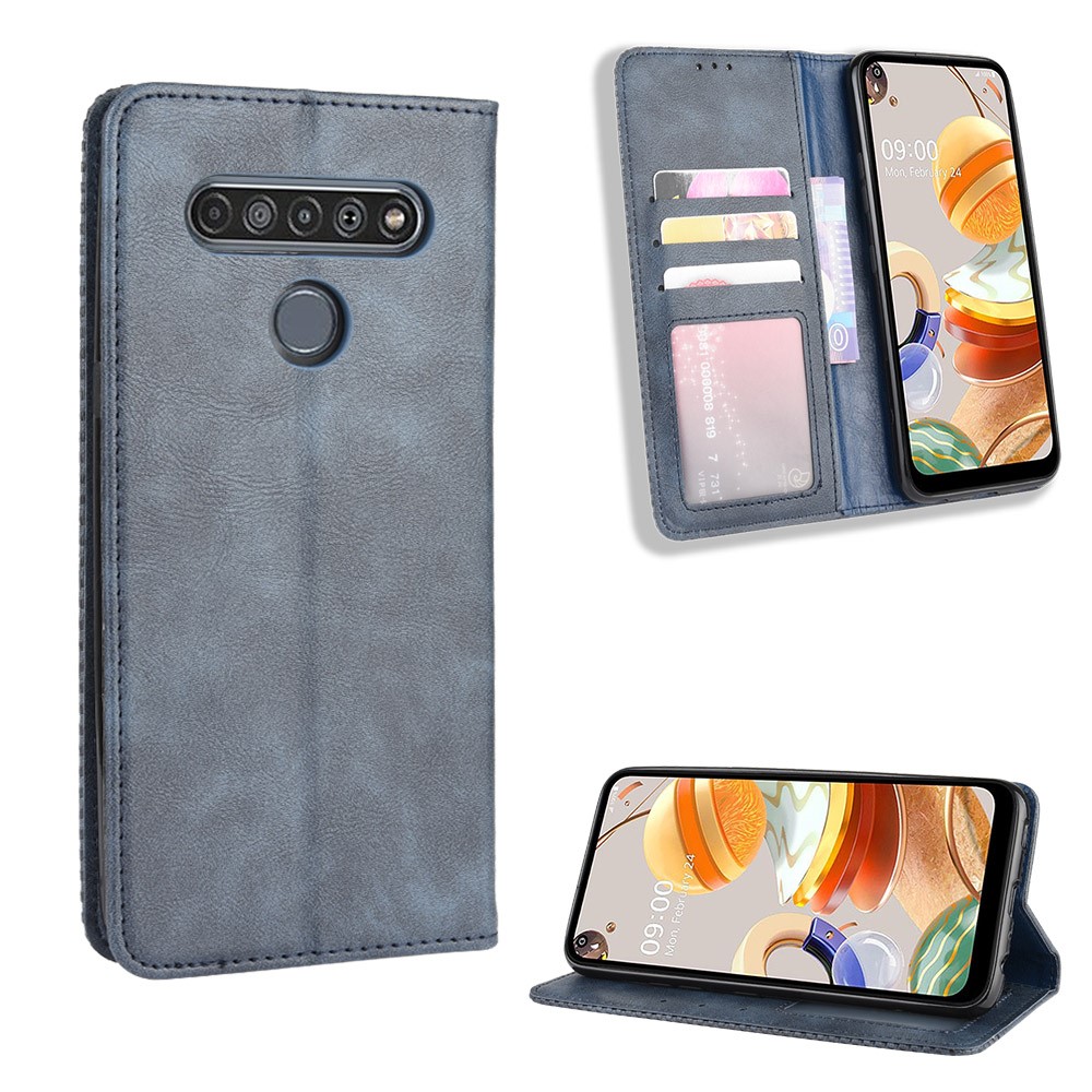 Auto-absorbed Retro Leather Wallet Stand Shell for LG K61 - Blue-1