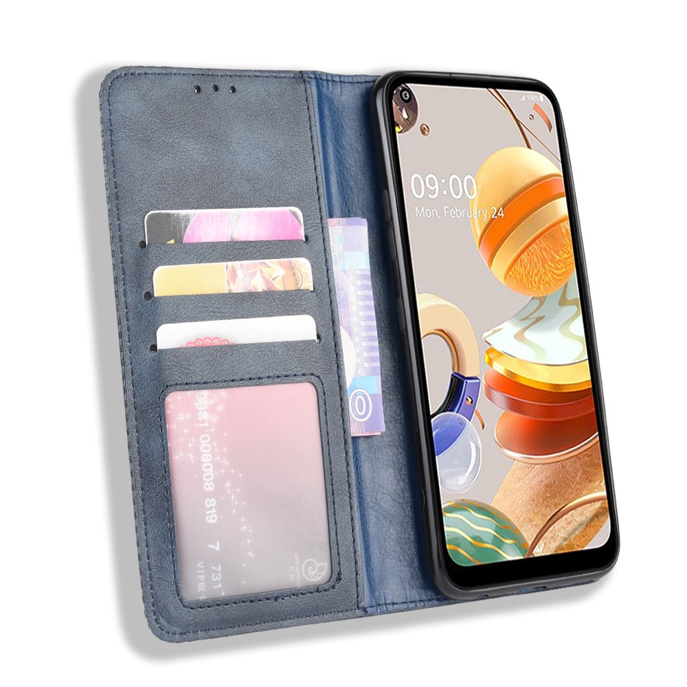 Auto-absorbed Retro Leather Wallet Stand Shell for LG K61 - Blue-6