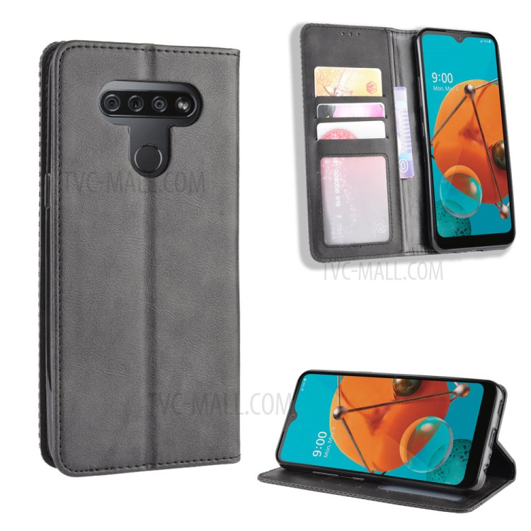 Magnetic Retro Leather Case with Wallet Stand Phone Shell for LG K51/Q51 - Black-1