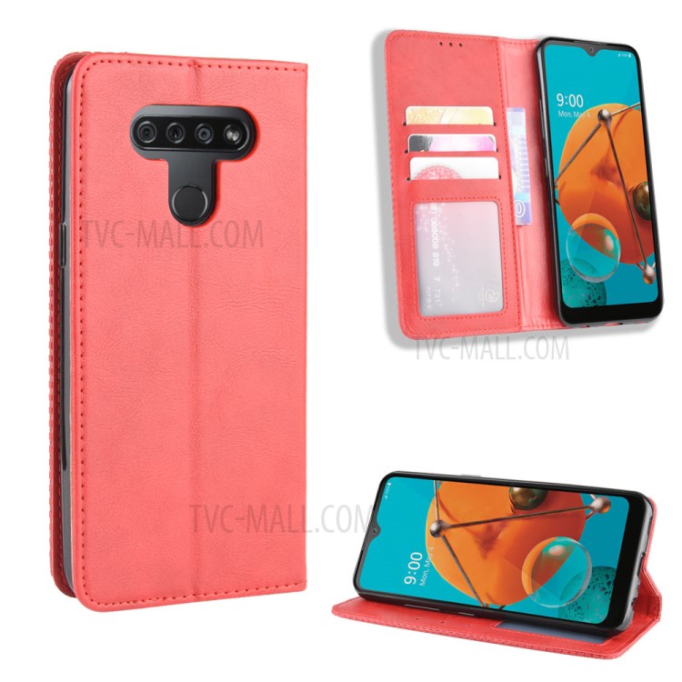 Magnetic Retro Leather Case with Wallet Stand Phone Shell for LG K51/Q51 - Red-1