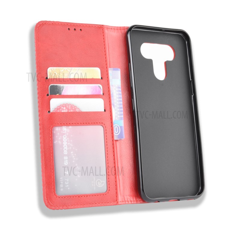 Magnetic Retro Leather Case with Wallet Stand Phone Shell for LG K51/Q51 - Red-4