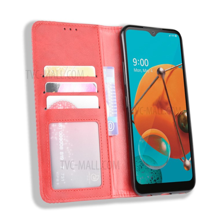 Magnetic Retro Leather Case with Wallet Stand Phone Shell for LG K51/Q51 - Red-5