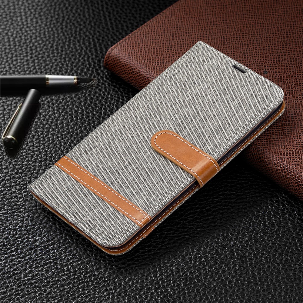 Color Splicing Jeans Cloth Skin Wallet Leather Phone Shell for LG K61 - Grey-4