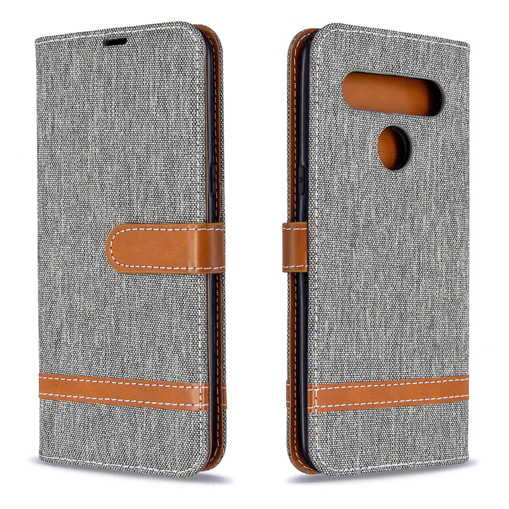 Color Splicing Jeans Cloth Skin Wallet Leather Phone Shell for LG K61 - Grey-8