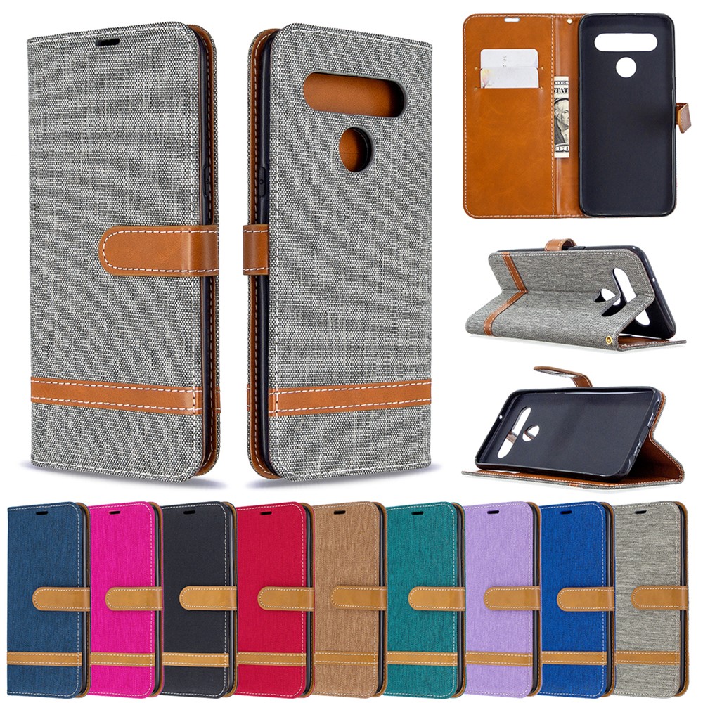 Color Splicing Jeans Cloth Skin Wallet Leather Phone Shell for LG K61 - Grey-9