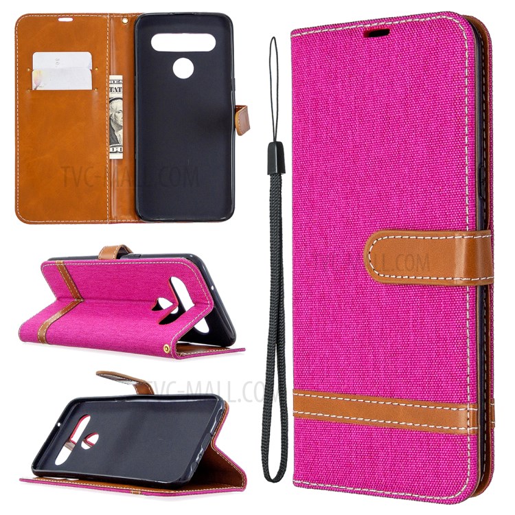 Color Splicing Jeans Cloth Skin Wallet Leather Phone Shell for LG K61 - Rose-1