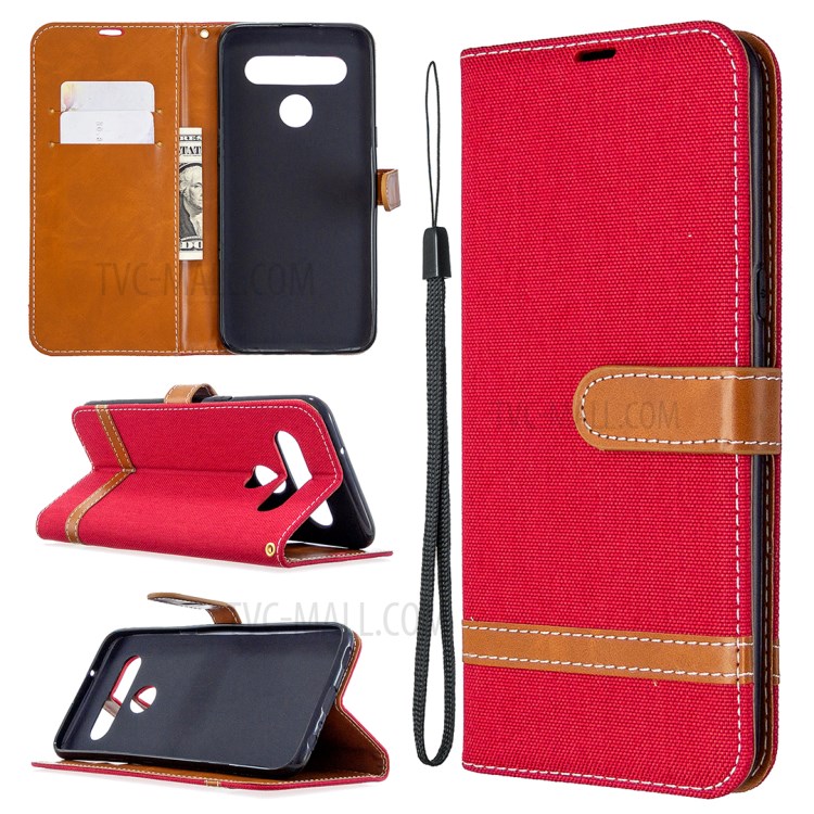 Color Splicing Jeans Cloth Skin Wallet Leather Phone Shell for LG K61 - Red-1