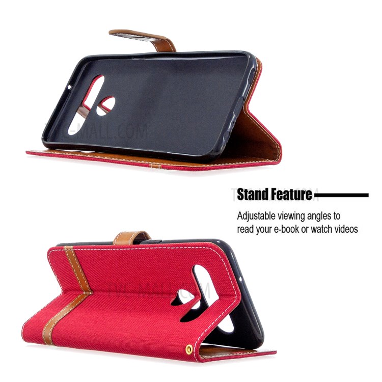 Color Splicing Jeans Cloth Skin Wallet Leather Phone Shell for LG K61 - Red-2