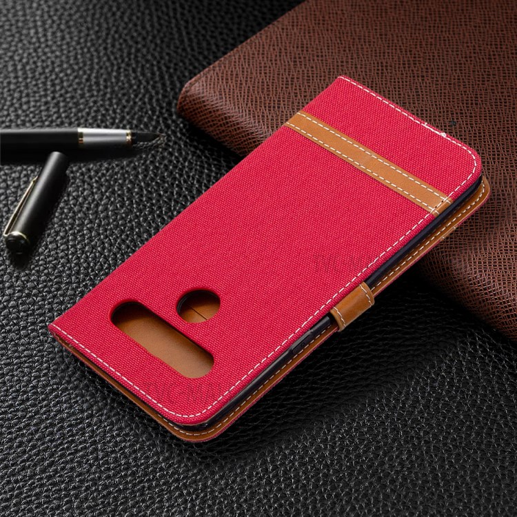 Color Splicing Jeans Cloth Skin Wallet Leather Phone Shell for LG K61 - Red-5
