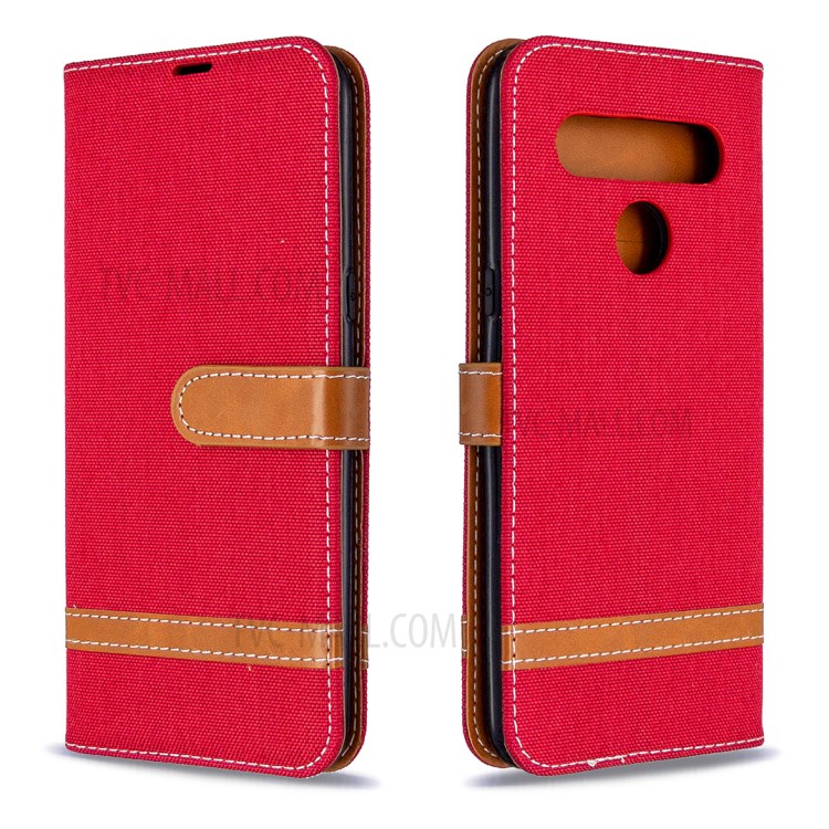 Color Splicing Jeans Cloth Skin Wallet Leather Phone Shell for LG K61 - Red-8
