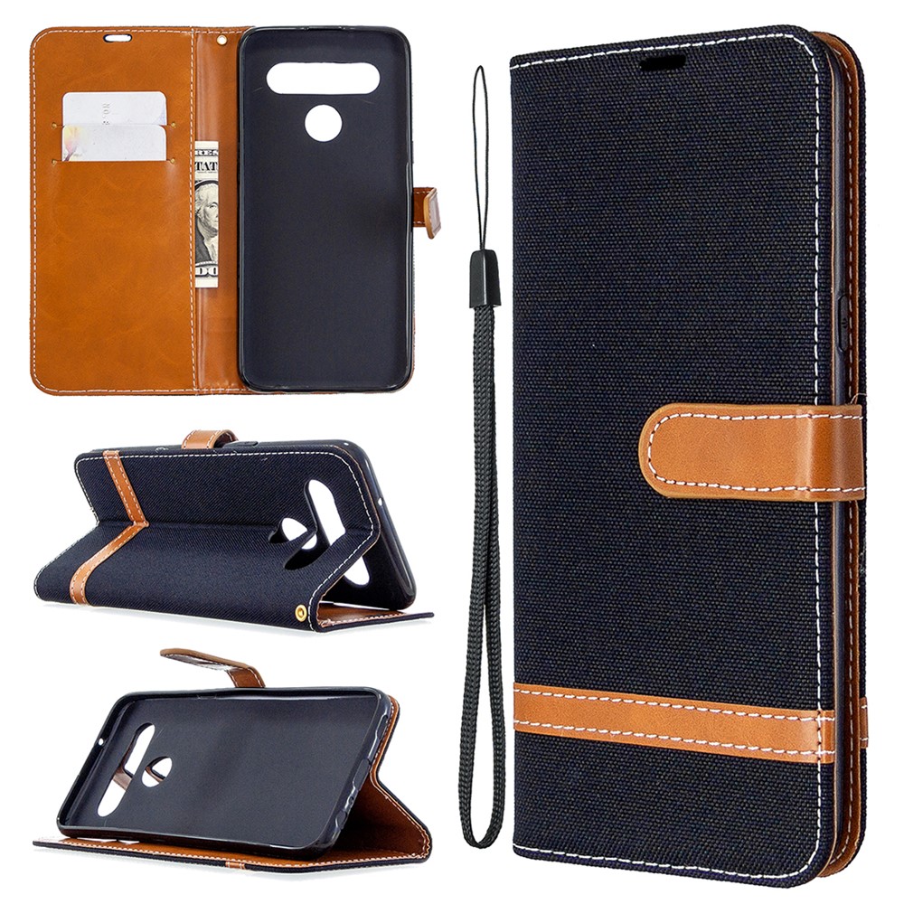 Color Splicing Jeans Cloth Skin Wallet Leather Phone Shell for LG K61 - Black-1