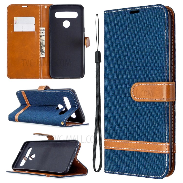 Color Splicing Jeans Cloth Skin Wallet Leather Phone Shell for LG K61 - Dark Blue-1