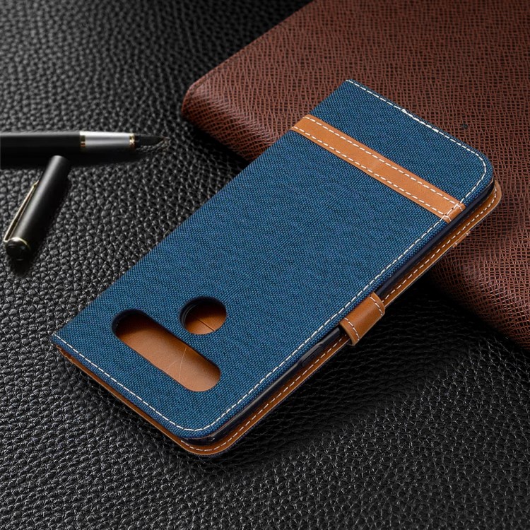 Color Splicing Jeans Cloth Skin Wallet Leather Phone Shell for LG K61 - Dark Blue-5