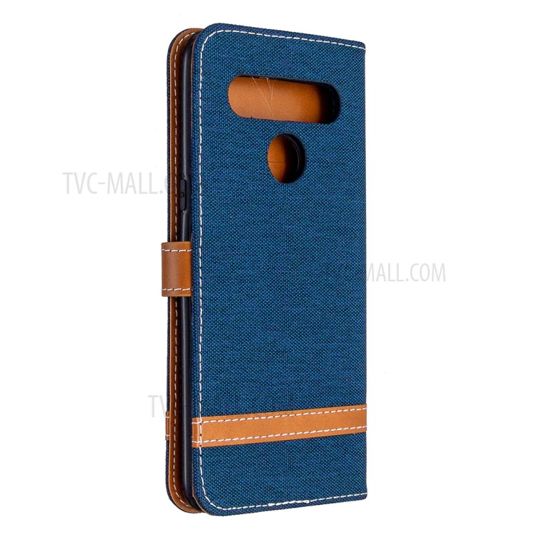 Color Splicing Jeans Cloth Skin Wallet Leather Phone Shell for LG K61 - Dark Blue-7