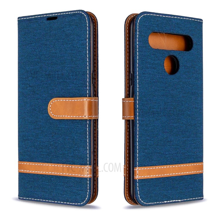Color Splicing Jeans Cloth Skin Wallet Leather Phone Shell for LG K61 - Dark Blue-8