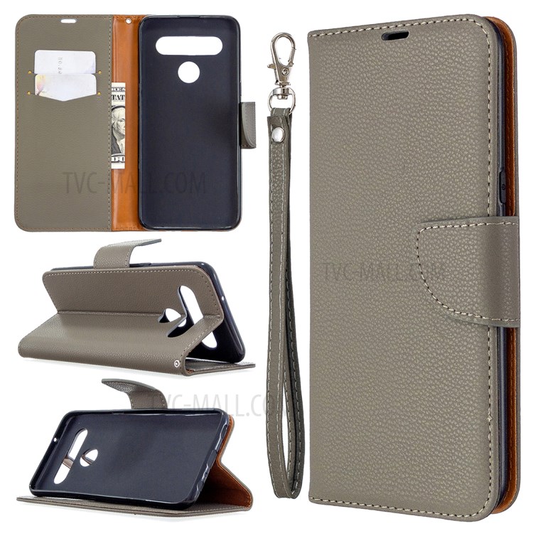 Litchi Skin Wallet Leather Stand Cover Case for LG K61 - Grey-1