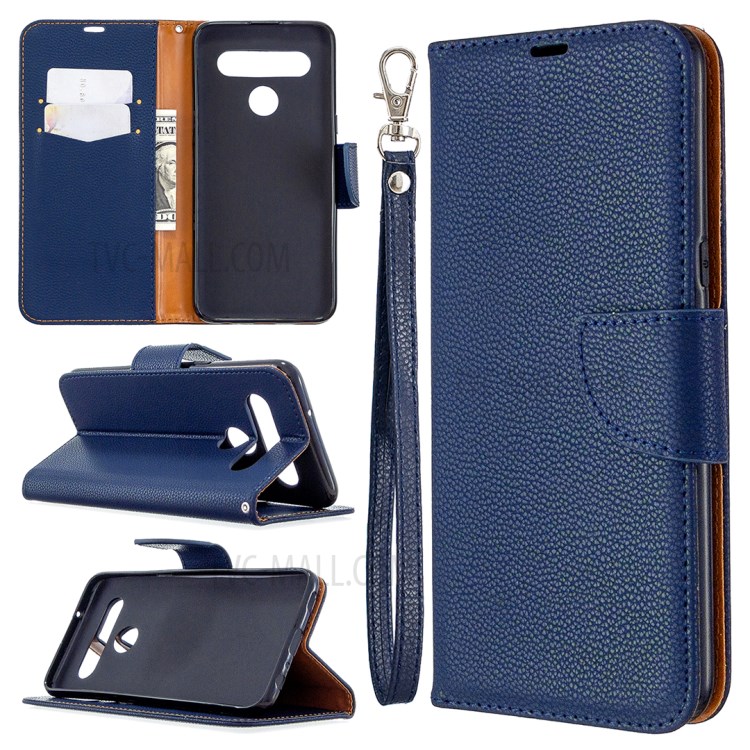 Litchi Skin Wallet Leather Stand Cover Case for LG K61 - Blue-1