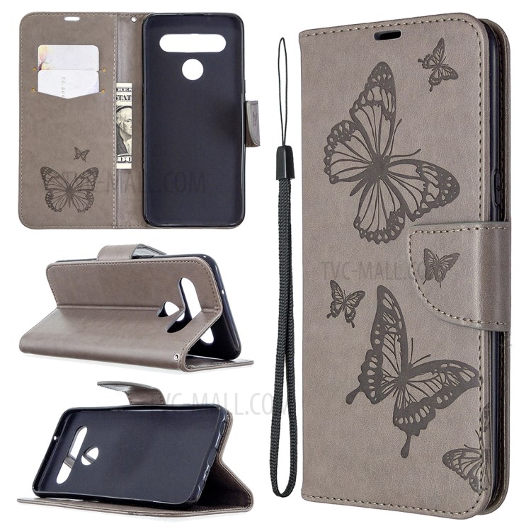 Imprint Butterfly Stand Leather with Wallet Case for LG K61 - Grey-1