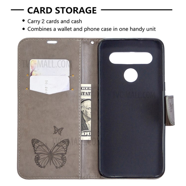 Imprint Butterfly Stand Leather with Wallet Case for LG K61 - Grey-3