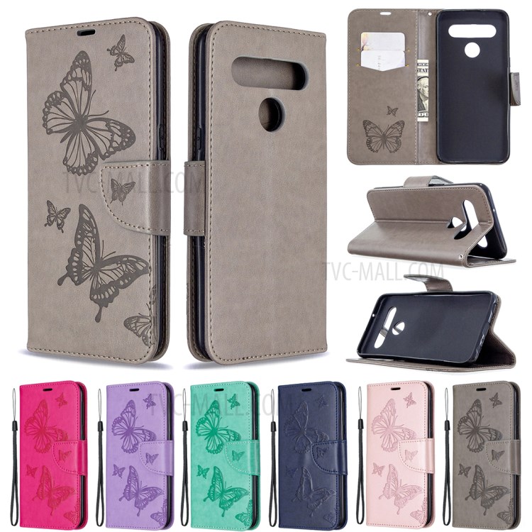 Imprint Butterfly Stand Leather with Wallet Case for LG K61 - Grey-9