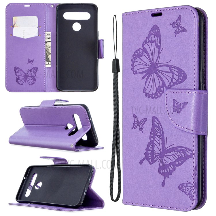 Imprint Butterfly Stand Leather with Wallet Case for LG K61 - Purple-1
