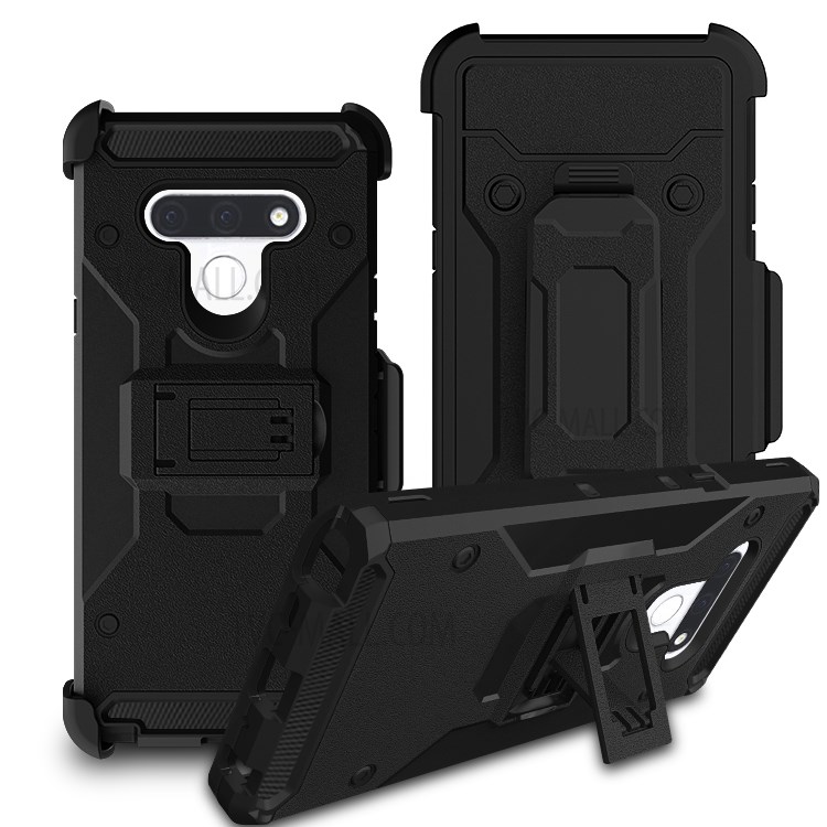 Kickstand PC+TPU Hybrid Case for LG Stylo 6 Carbon Fiber Texture Belt Clip Holster Cover-1