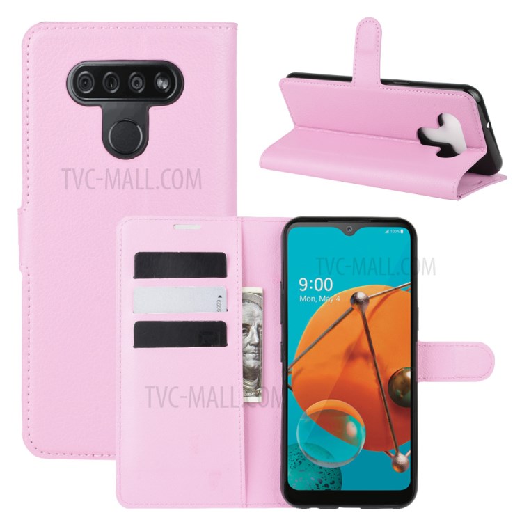 Litchi Skin Wallet Leather Stand Case for LG K51 - Pink-1