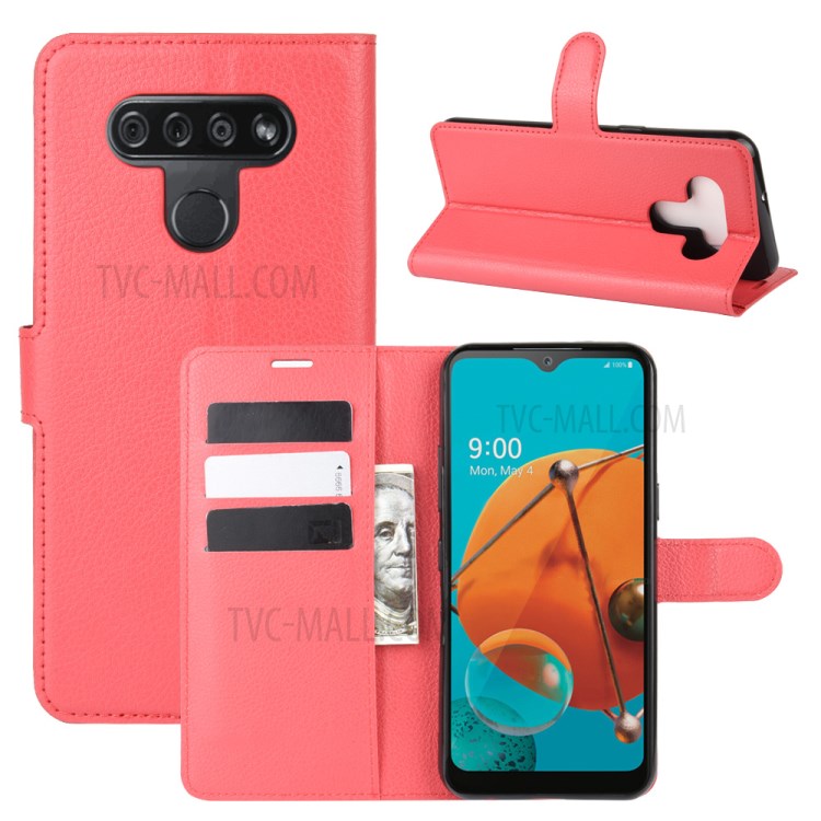 Litchi Skin Wallet Leather Stand Case for LG K51 - Red-1
