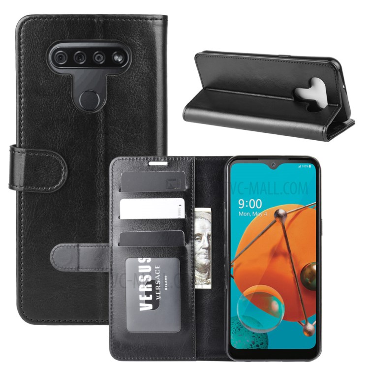 Crazy Horse Skin with Wallet Leather Stand Case for LG K51 - Black-1