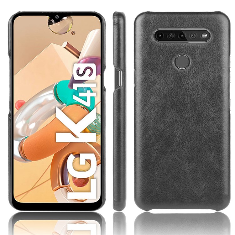Litchi Texture PU Leather Coated Plastic Hard Phone Cover for LG K41S - Black-1