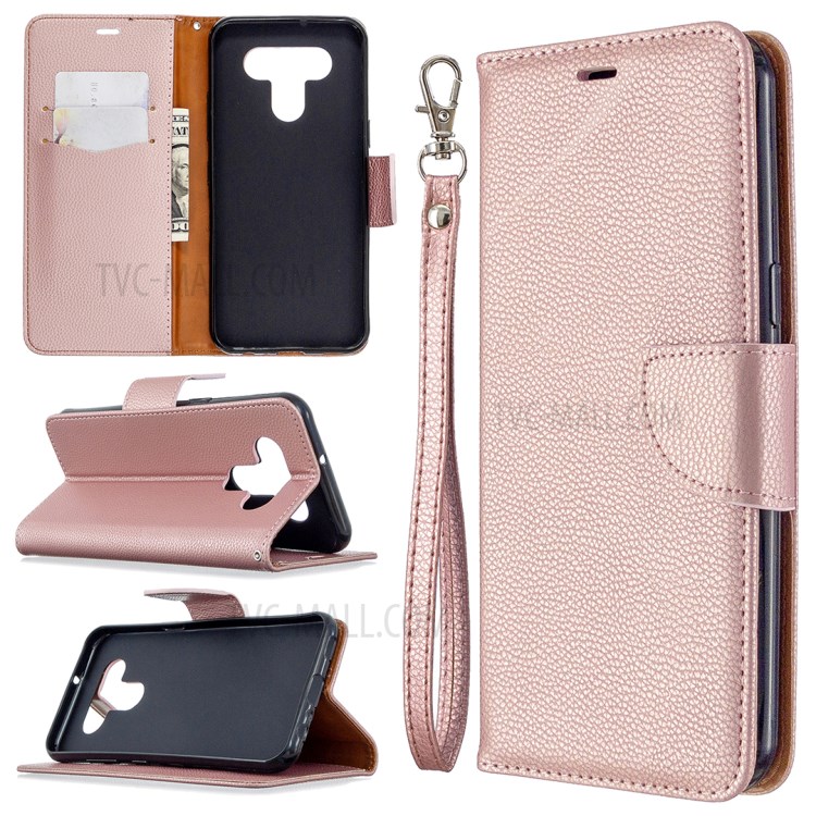Litchi Texture Leather Shell Phone Cover with Strap for LG K51 - Rose Gold-1