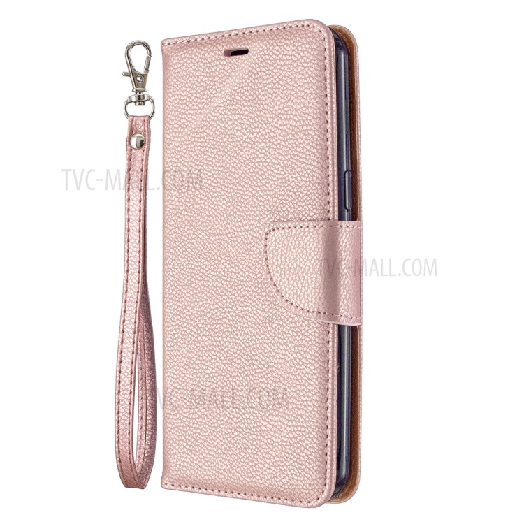 Litchi Texture Leather Shell Phone Cover with Strap for LG K51 - Rose Gold-2